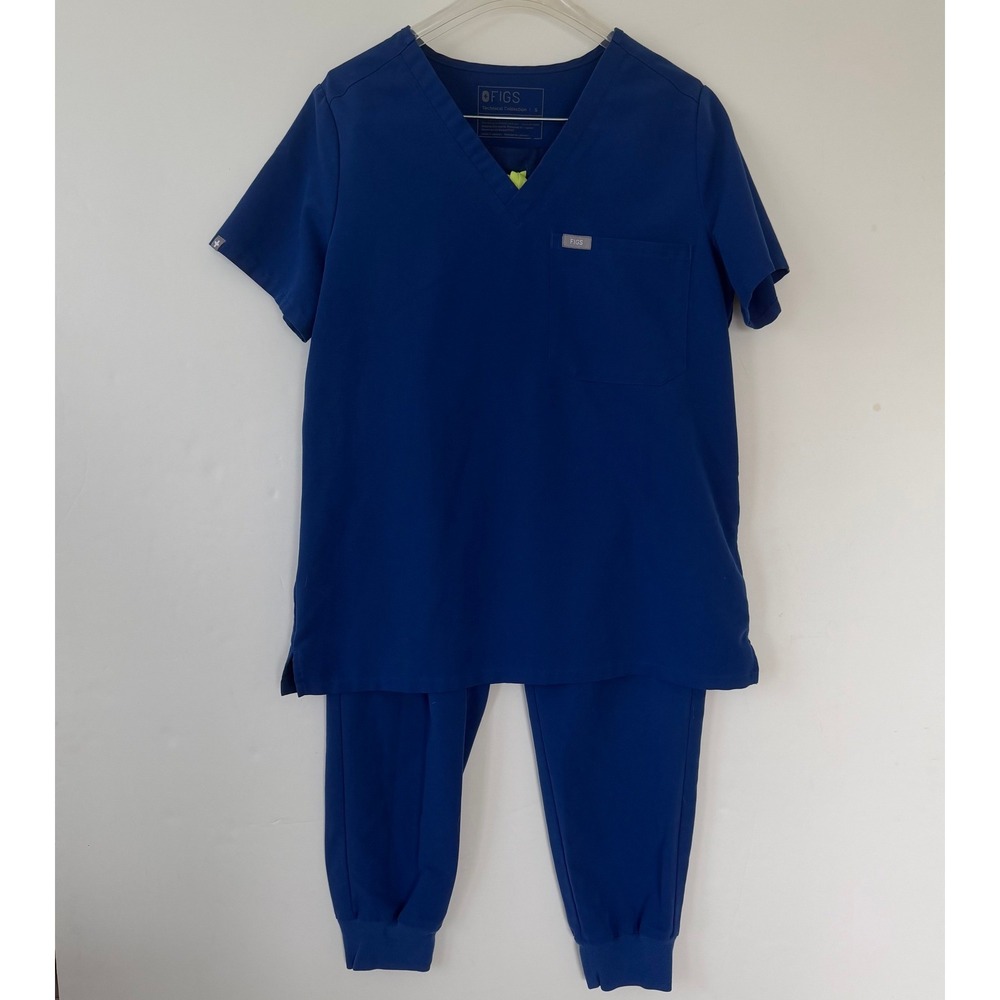 FIGS Technical Collection Scrub Set Small Royal Blue V-Neck Top Jogger Pants